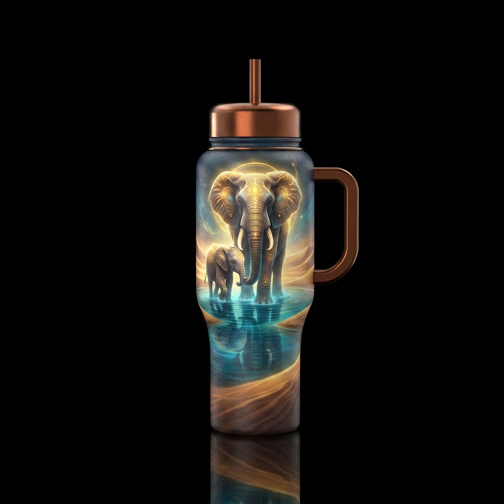 Elegant mystic Queen Momma Elephant with her baby.... water bottle design