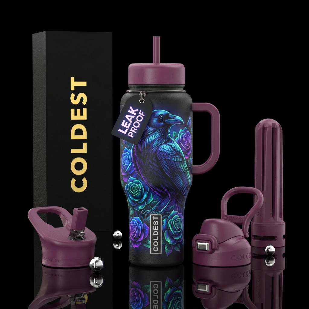 Large raven surrounded by glowie roses water bottle design