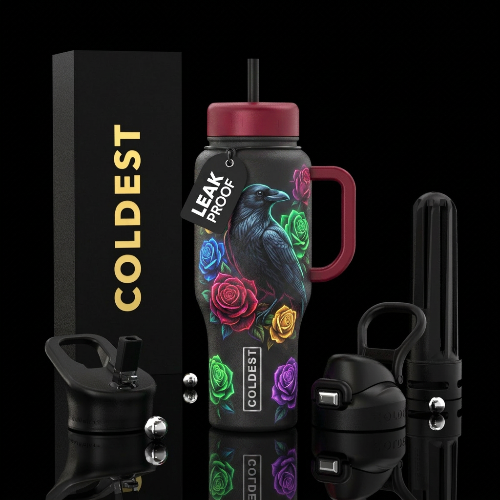 Large crow surrounded by different colors of glowi... water bottle design