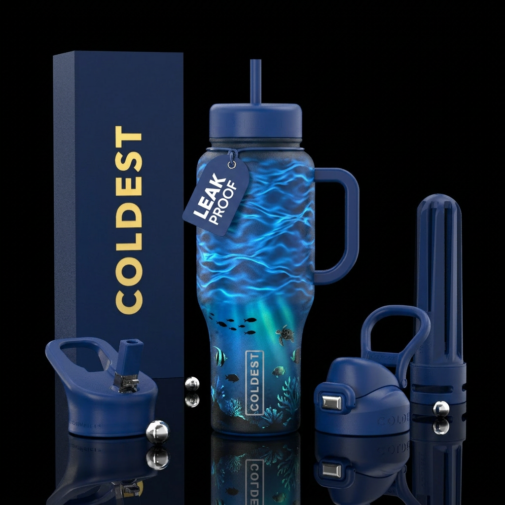Blue glowie water waves with ocean animal life ben... water bottle design