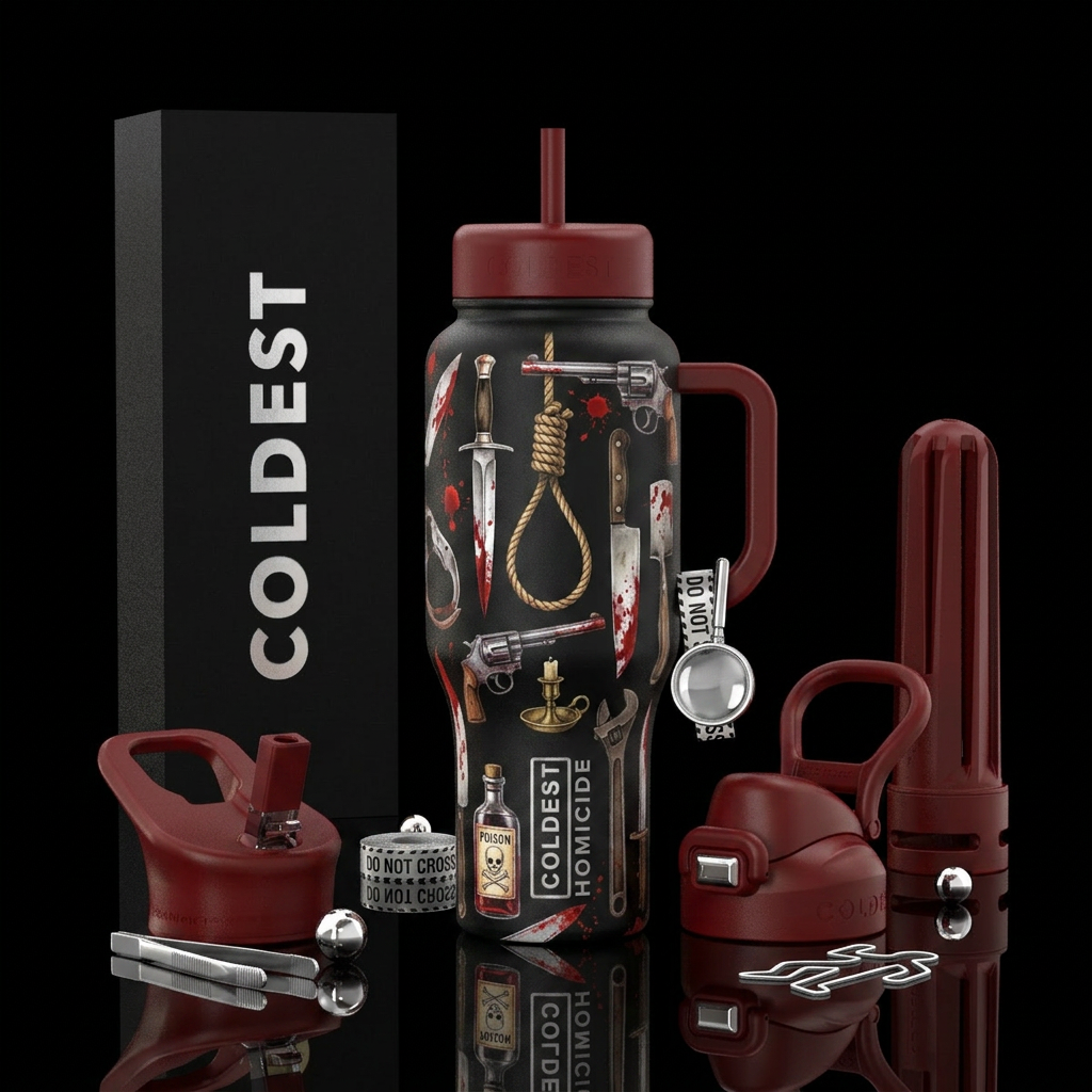 Murder mystery cup with a variety of Bloody weaons water bottle design