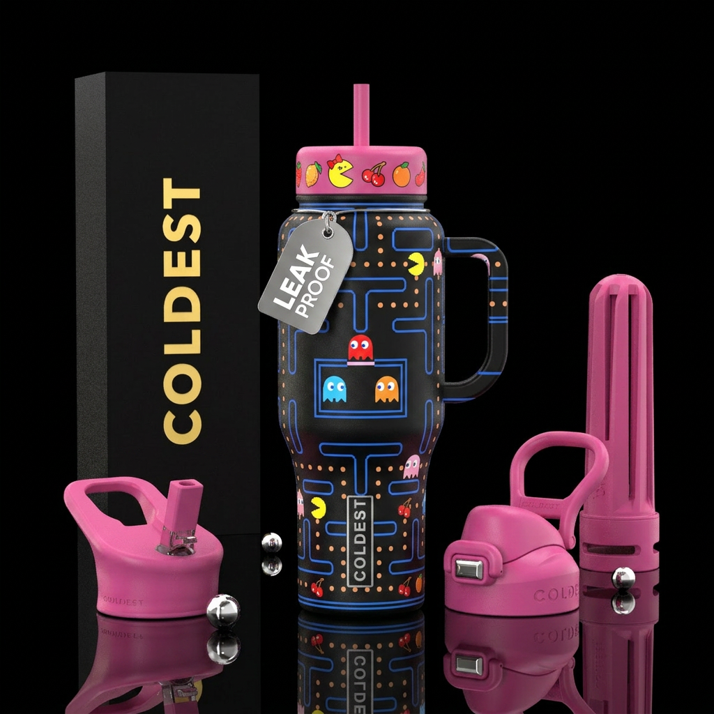 Ms Pac-Man game all around tumbler water bottle design