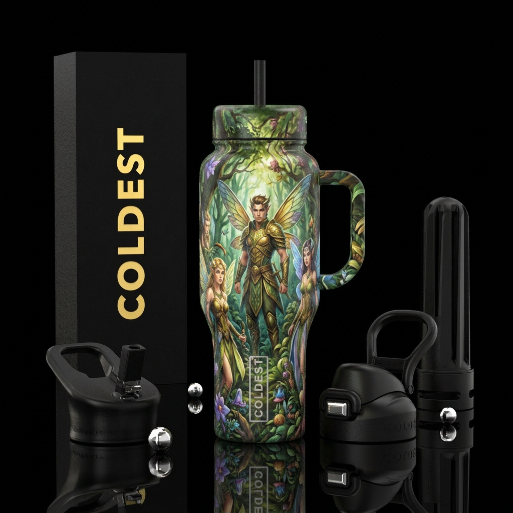 Female and male warrior fairies guarding all aroun... water bottle design