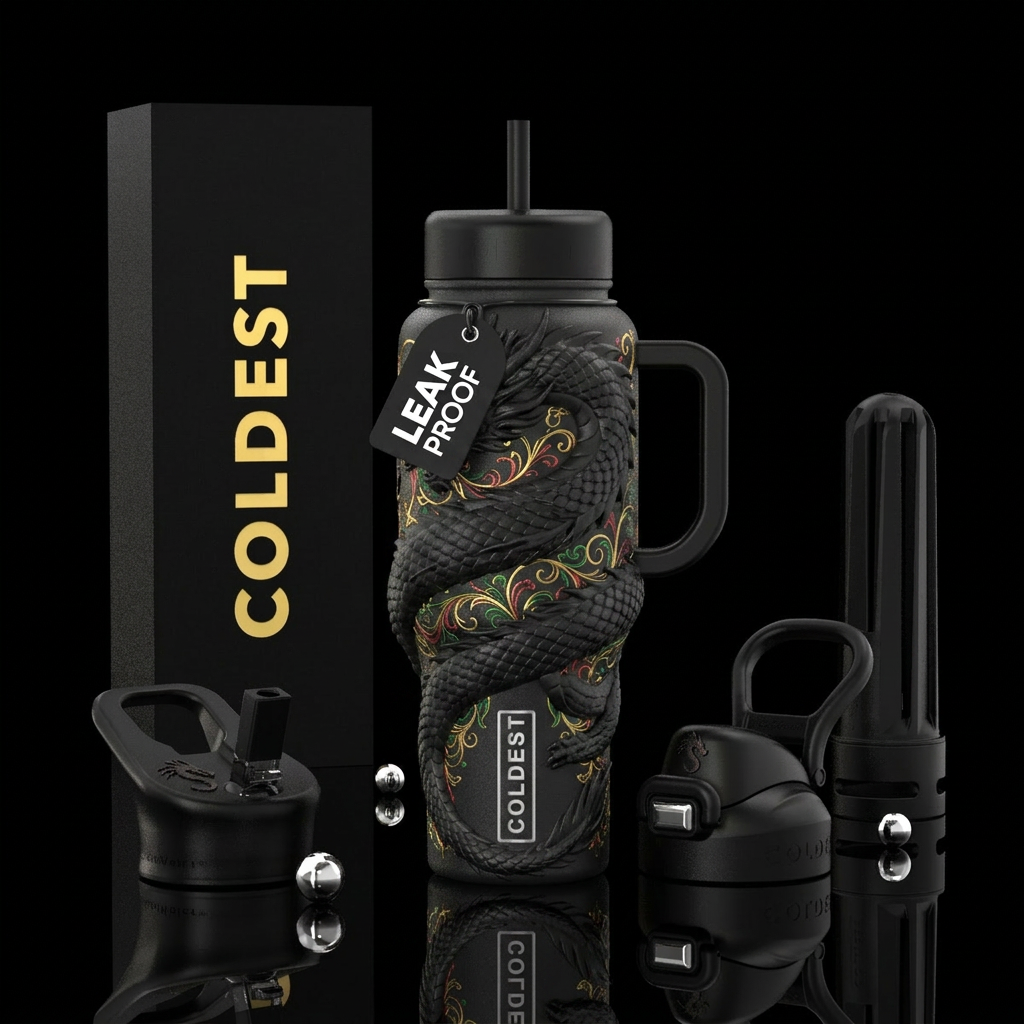 Black dragon wrapped around bottle with scales water bottle design