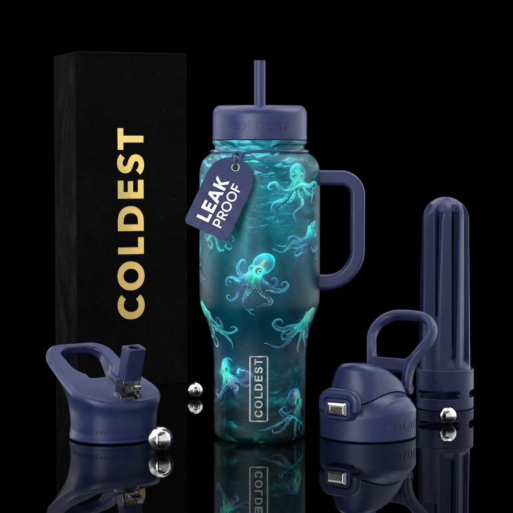 Glowie baby octopuses in majestic ocean water water bottle design