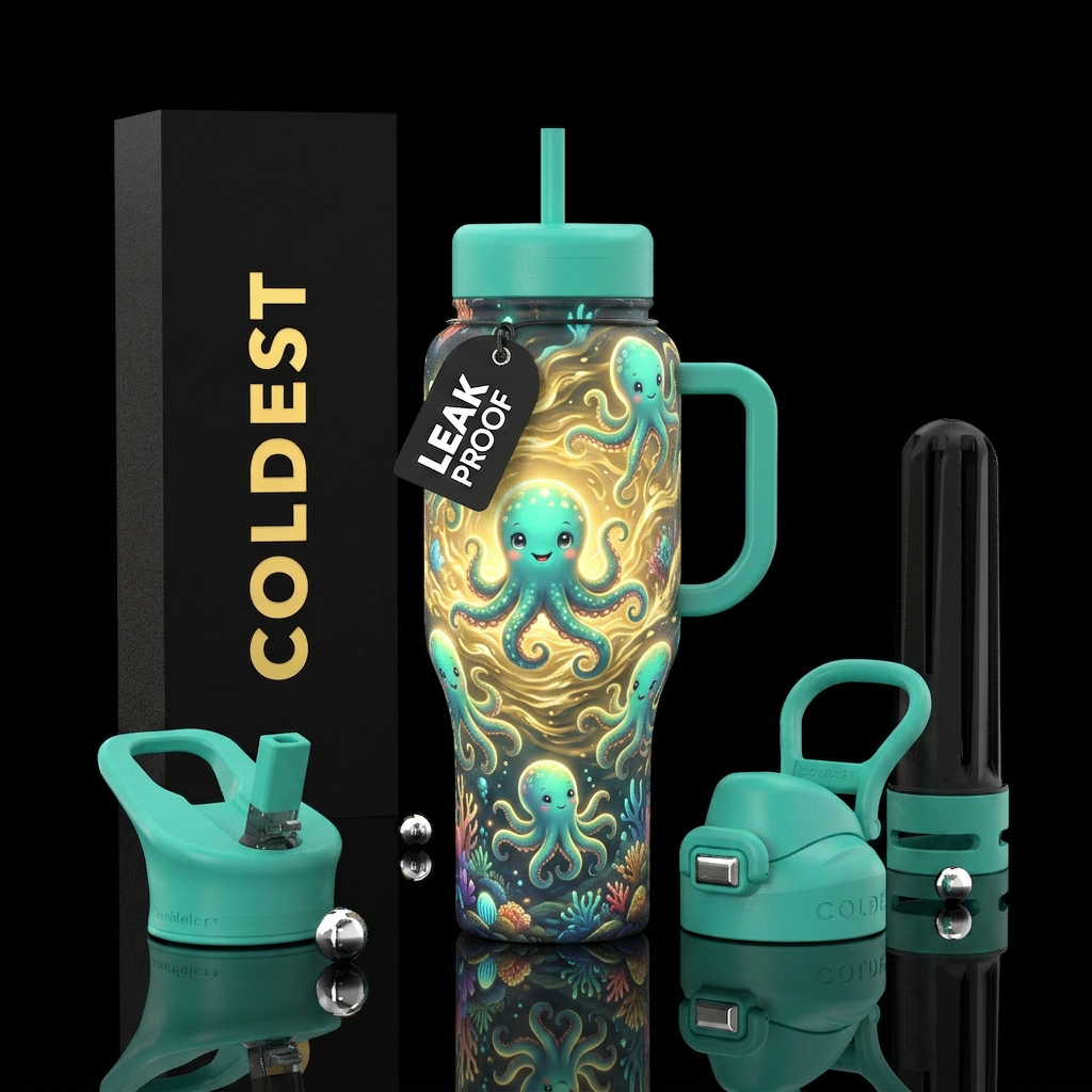 Glowie happy baby octopuses in golden majestic wat... water bottle design