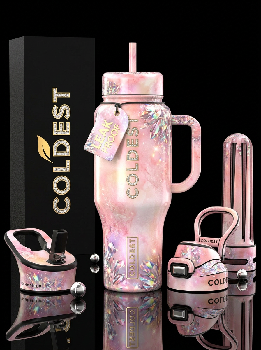 blush, beautiul, watercolor, crystal, sparkly water bottle design