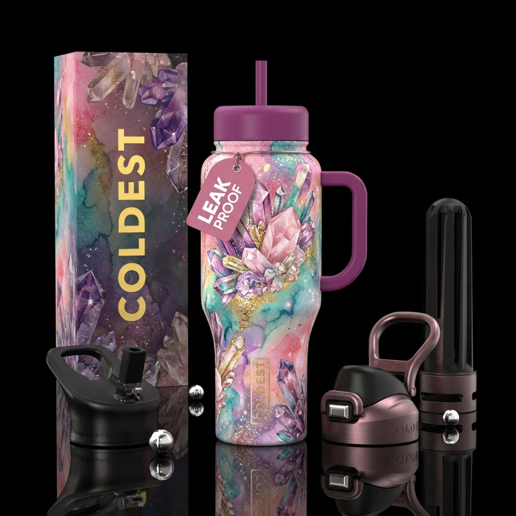 blush, beautiul, watercolor, crystal, sparkly water bottle design