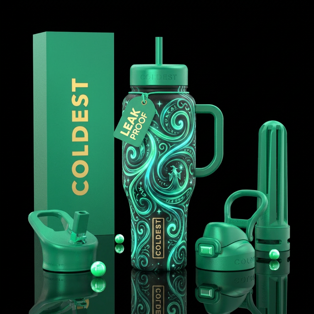 mint, glowie, magical, swirls, wizard water bottle design