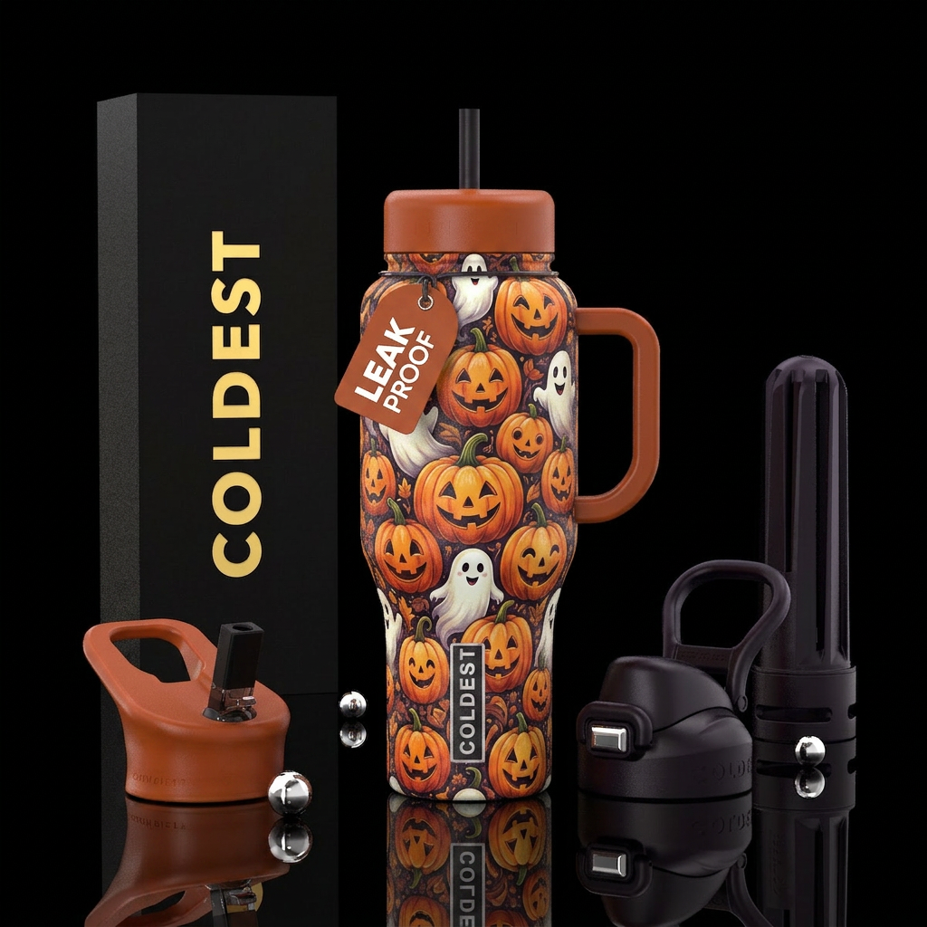 Pumpkins, ghosts, Halloween,  happy water bottle design