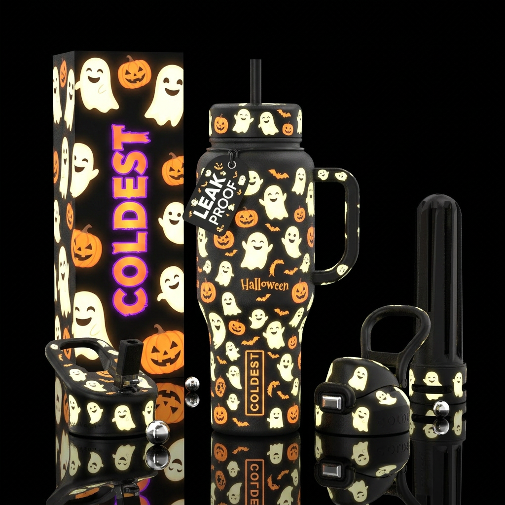 glowie, happy,  ghosts, pumpkins, Halloween water bottle design