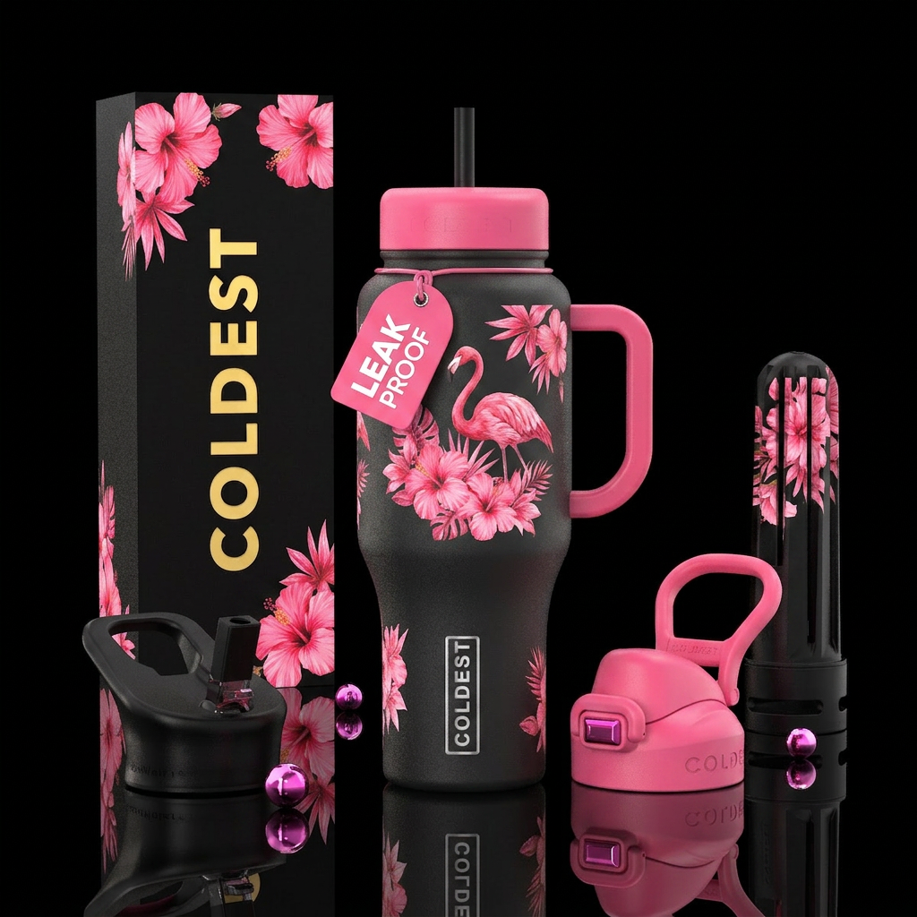 tropical flowers, flamingo,  summer,  pink water bottle design