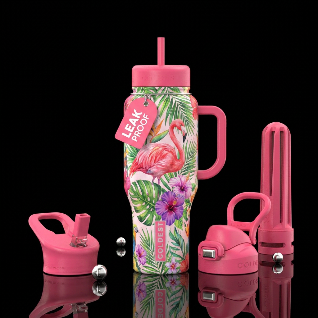 tropical flowers, flamingo,  summer,  pink water bottle design