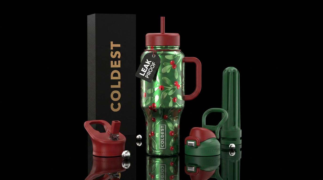Mistletoe, red and green colors,, shiny.  Christma... water bottle design