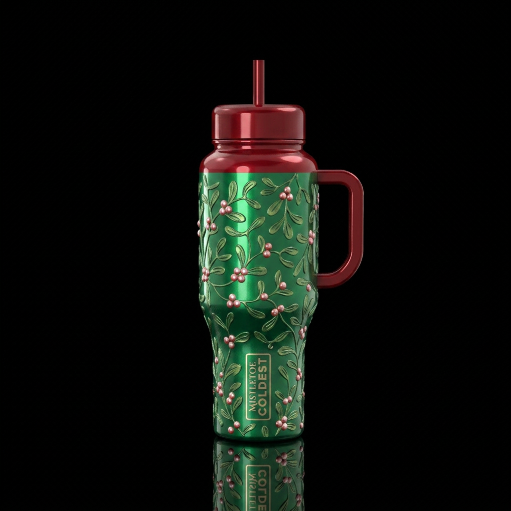 Mistletoe, red and green colors,, shiny.  Christma... water bottle design
