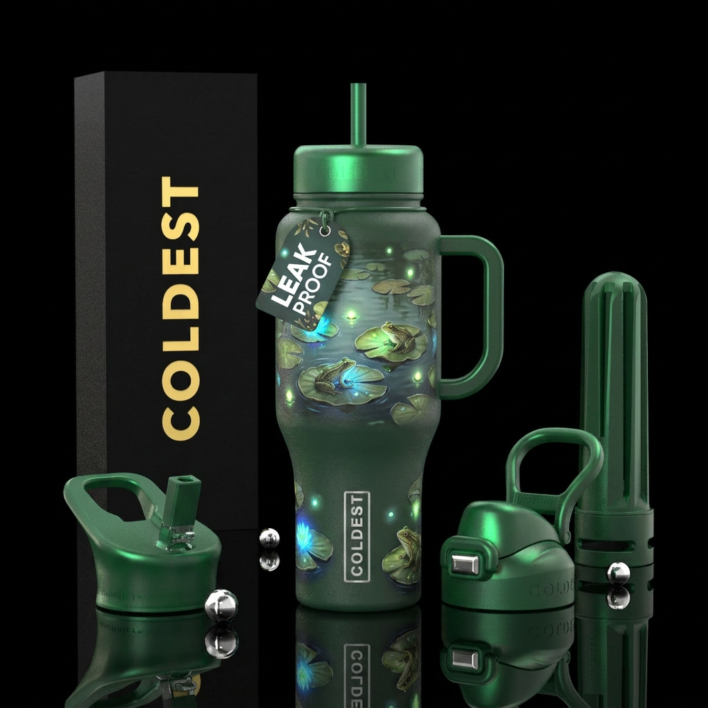Frogs,   pond, lily pads,, glowie water bottle design