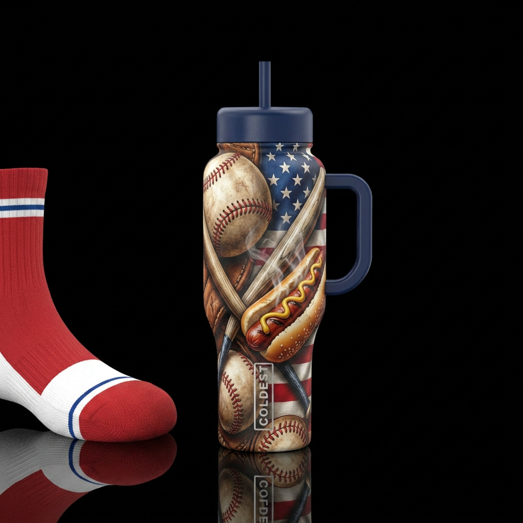 Baseball, summer,  hotdogs,  all American team water bottle design