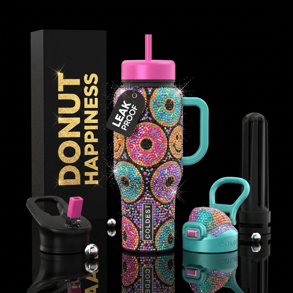 donut, happy mood, sparkly water bottle design