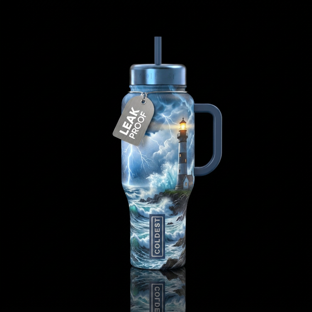 thunderstorm, lighthouse, ocean, glowie water bottle design