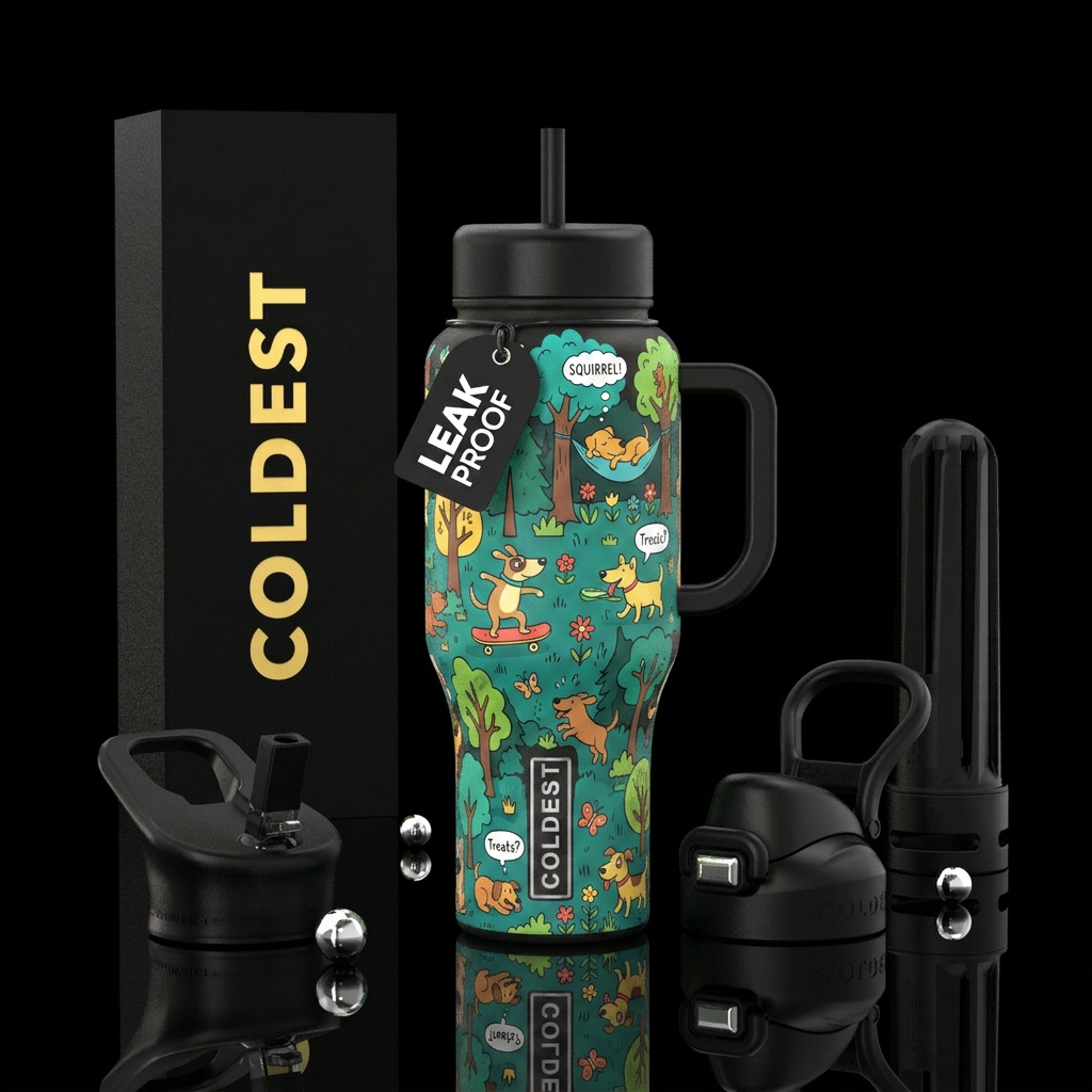 dog, trees, funny, cartoon water bottle design
