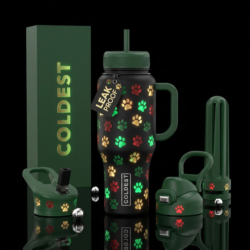 Christmas color paw 🐾 prints , glowie water bottle design