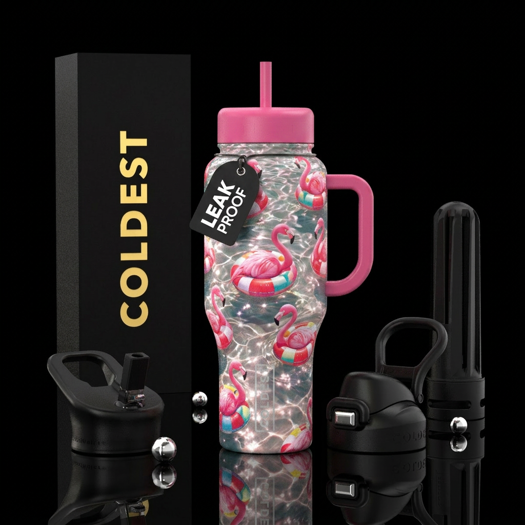 Pink Flamingos in a life float in water water bottle design