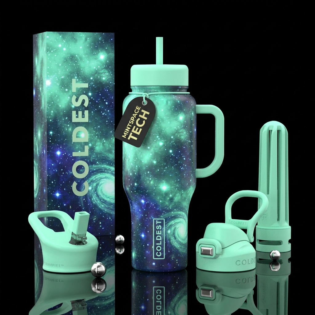 Mint, glowie, swirls  space water bottle design