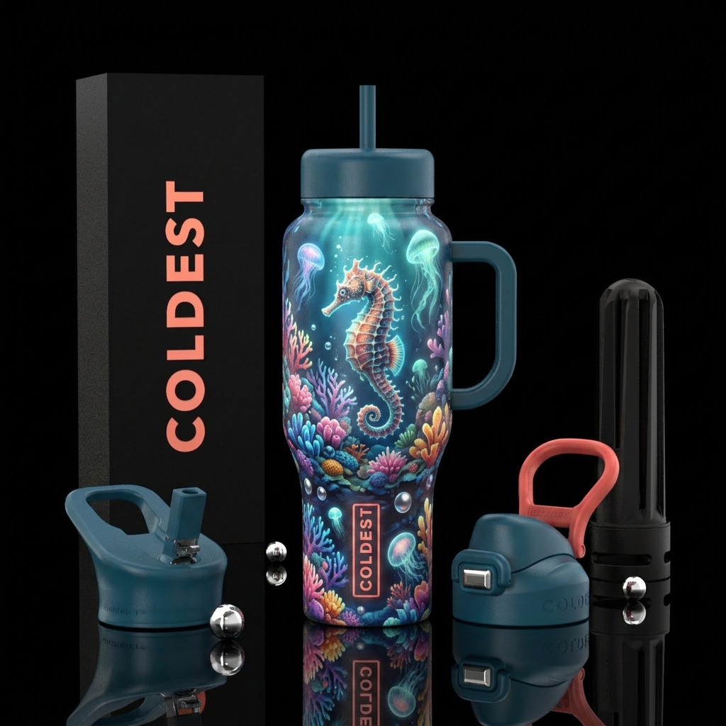 underwater, seahorse,  coral,  glowie water bottle design
