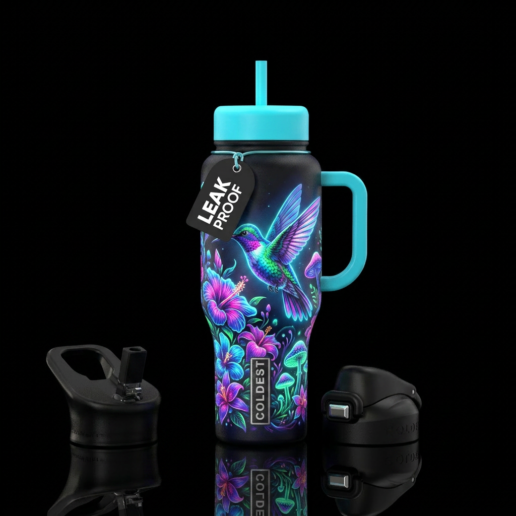 Hummingbird,  flowers,  glowie water bottle design