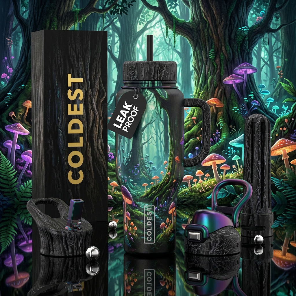 trees,  mushrooms,  forest, glowie,, fantasy water bottle design