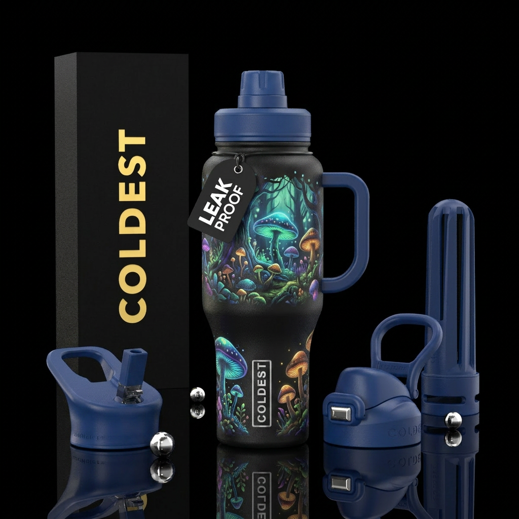 trees,  mushrooms,  forest, glowie,, fantasy water bottle design