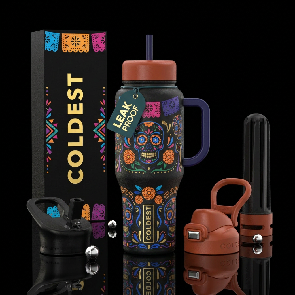 matte,, day of the dead, beautiul water bottle design