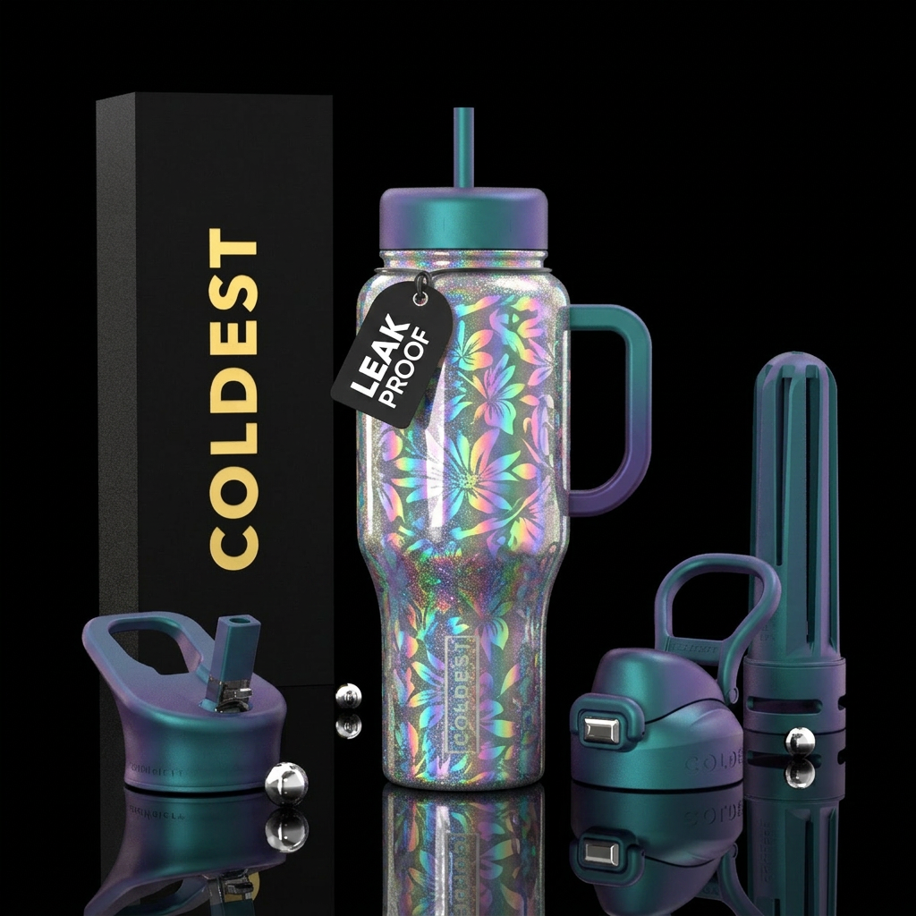 hologram, floral, shiny, sparkly water bottle design