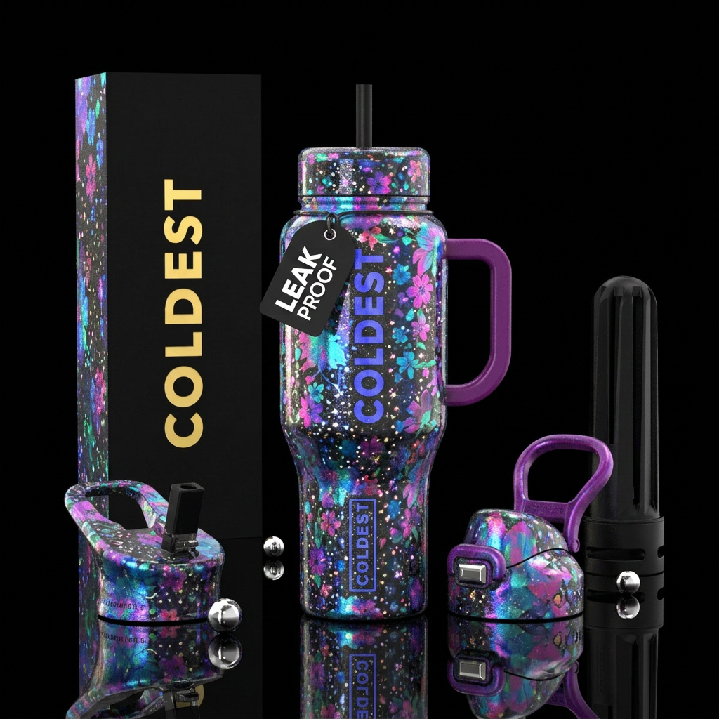 hologram, floral, shiny, sparkly water bottle design