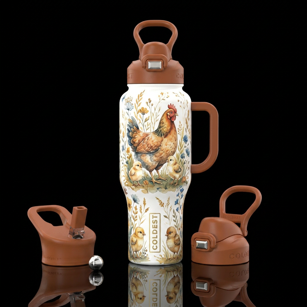 Chicken,  chics ,, watercolor, rustic water bottle design