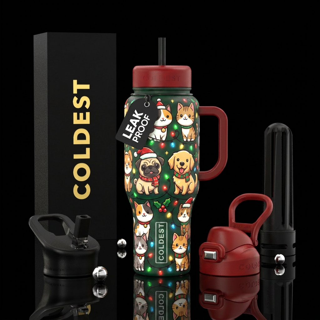 Christmas, glowie, cartoon, happy mood, dog, cat water bottle design