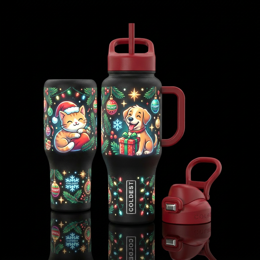 Christmas, glowie, cartoon, happy mood, dog, cat water bottle design