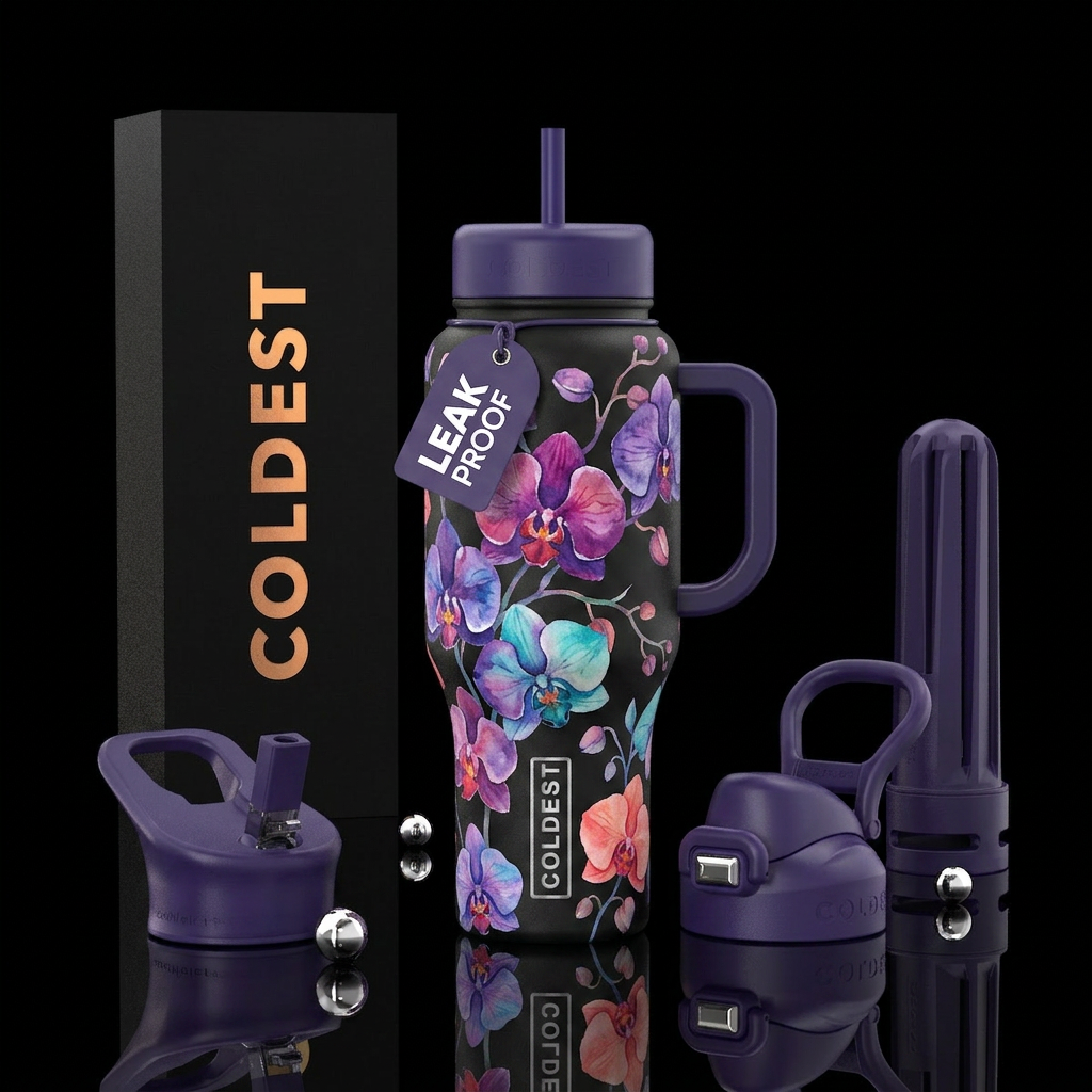 Orchids, watercolor, beautiul, whimsical water bottle design