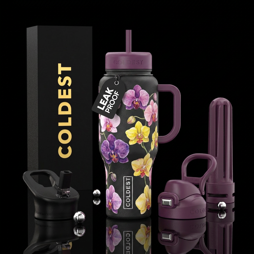 Orchids, watercolor, beautiul, whimsical water bottle design