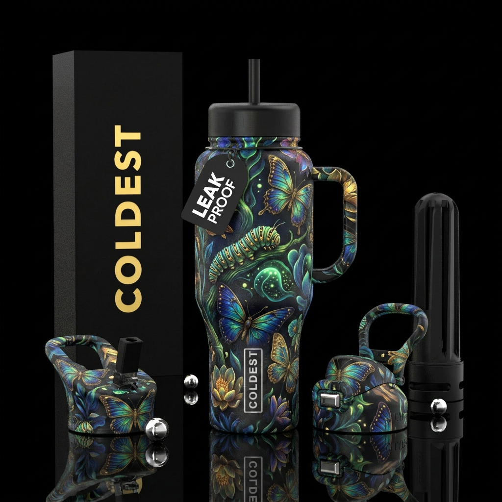 caterpillar, butterfly, glowie, flowers, beautiul water bottle design