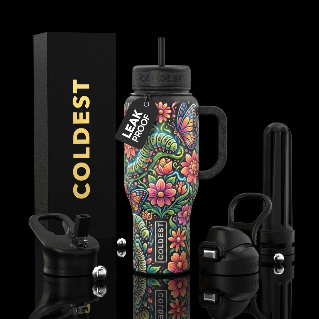 caterpillar, butterfly, glowie, flowers, beautiul water bottle design