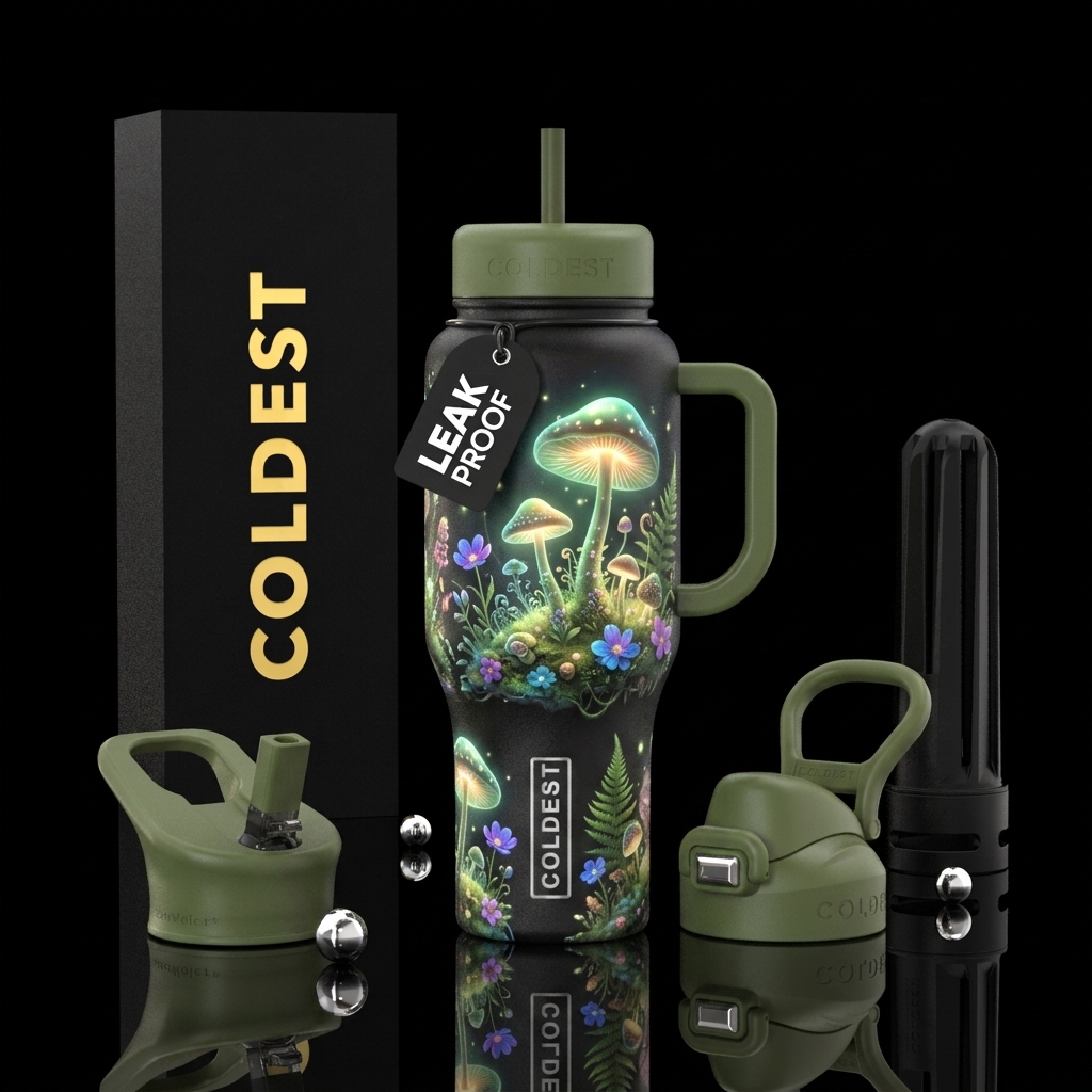 glowie, forest, whimsical, mushrooms, flowers water bottle design