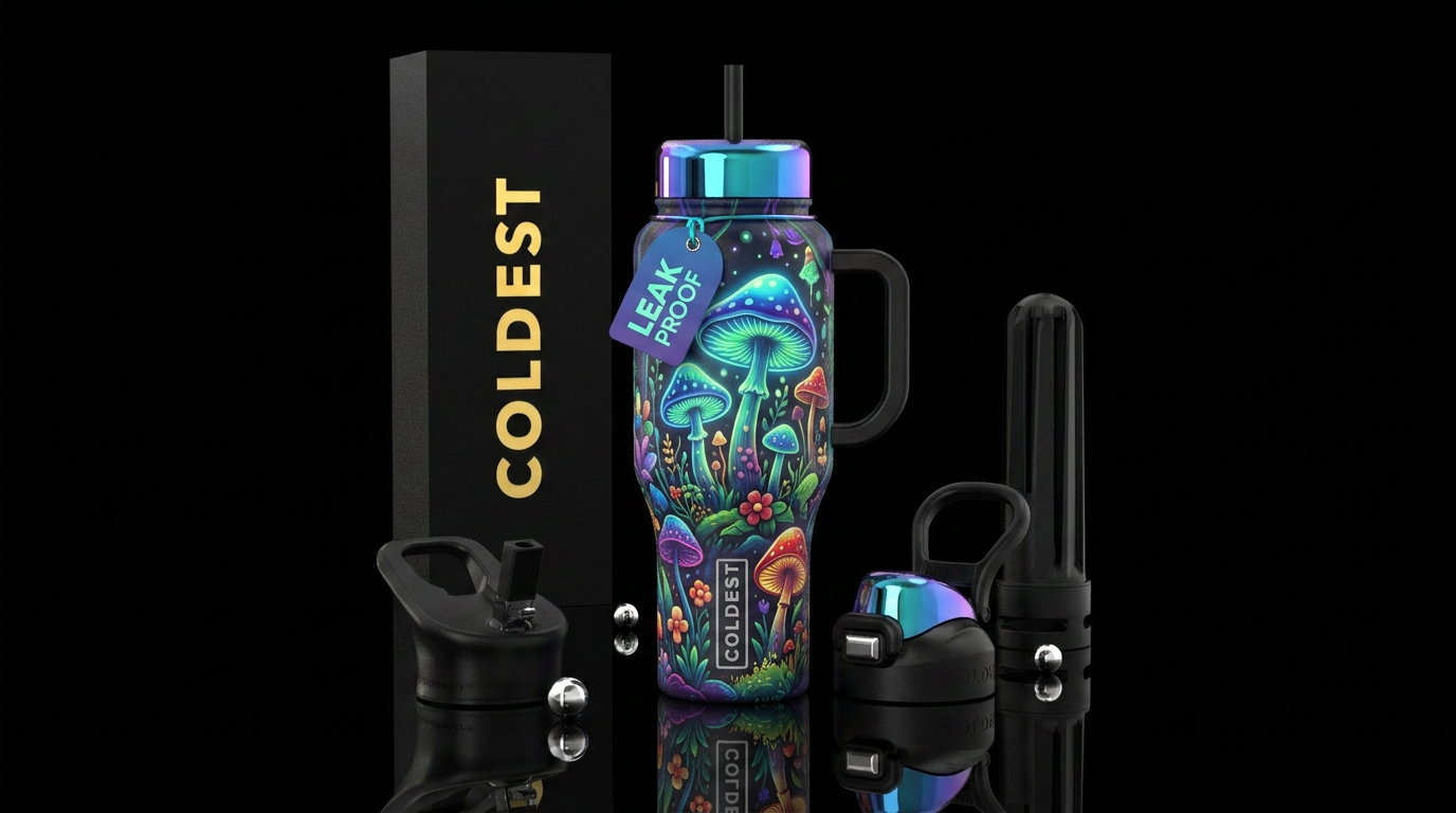 glowie, forest, whimsical, mushrooms, flowers water bottle design