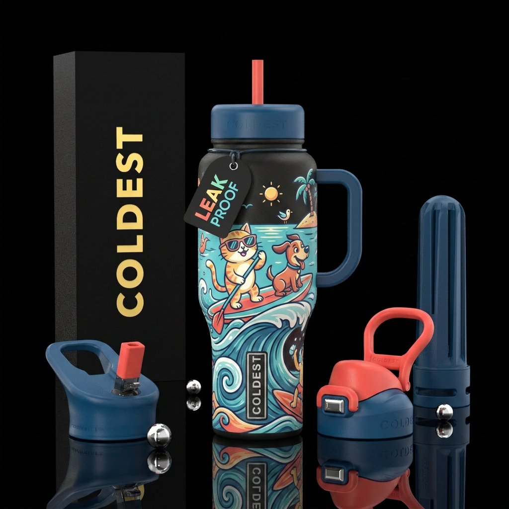 cartoon, cat, dog, paddleboarding, waves water bottle design