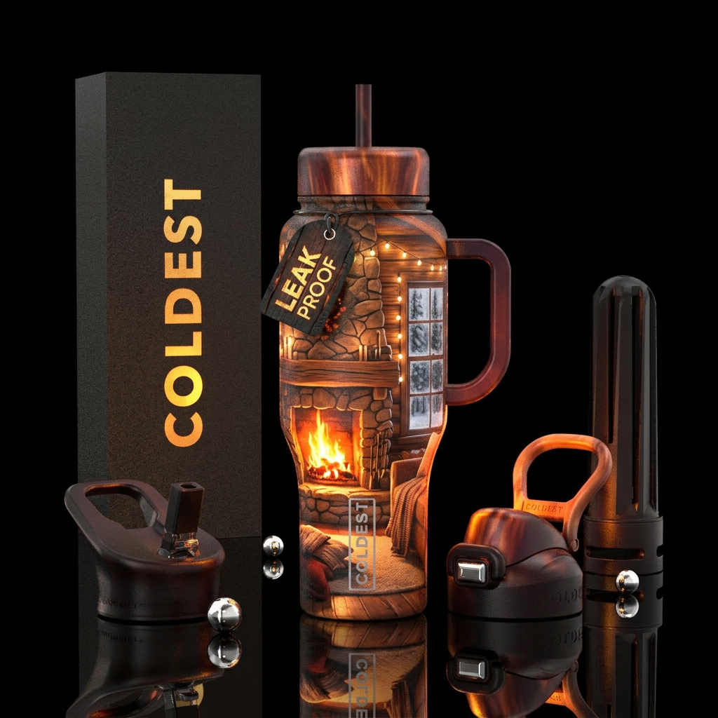 Winter,  fireplace, cozy feeling,   cabin,  dark, ... water bottle design