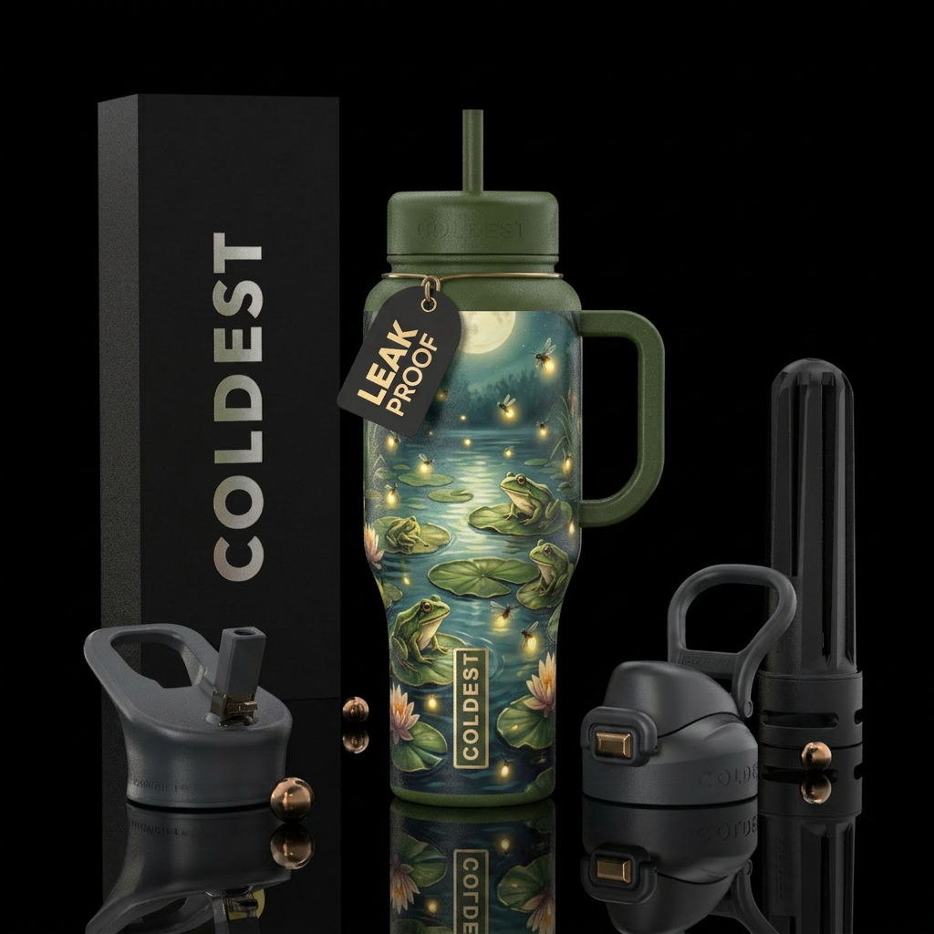 Frogs,  fireflies,  pond, lily pads, glowie water bottle design
