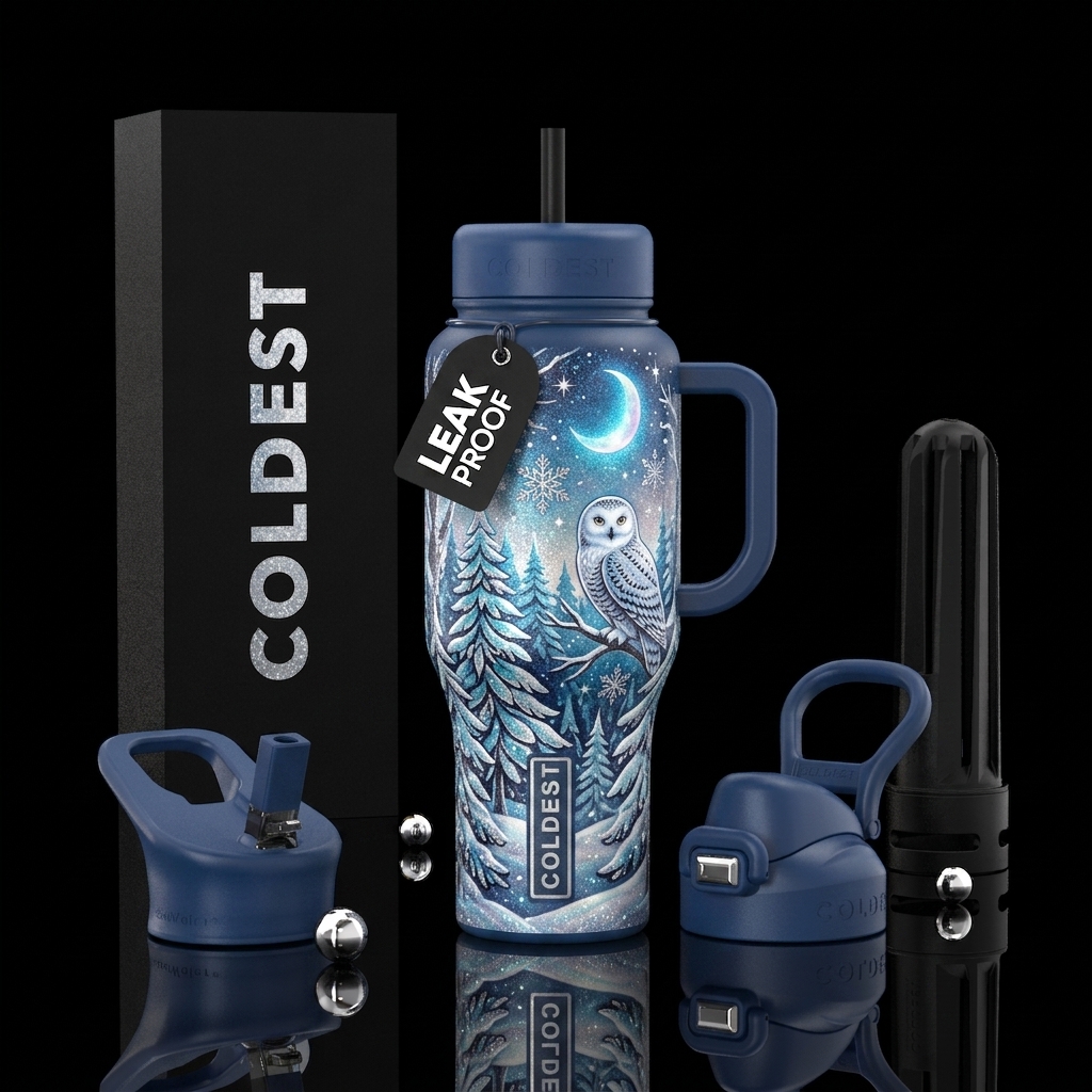 moonlit,snow owl, trees,  winter, beautiul, sparkl... water bottle design