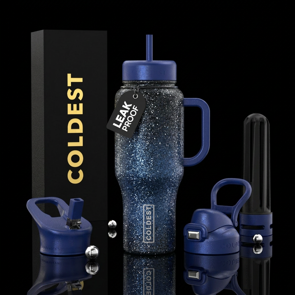 Black, blue,  silver,  enchanted,  sparkly water bottle design