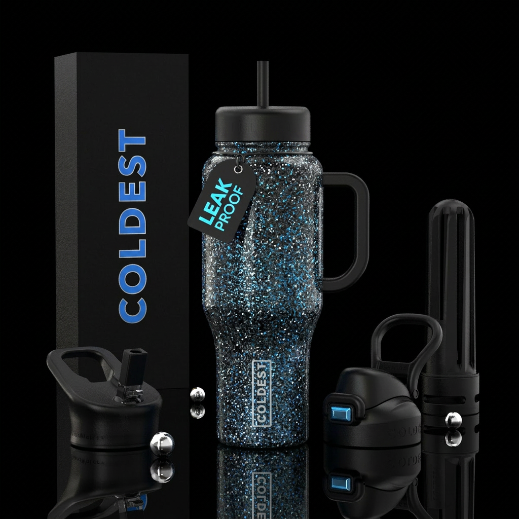 Black, blue,  silver,  enchanted,  sparkly water bottle design