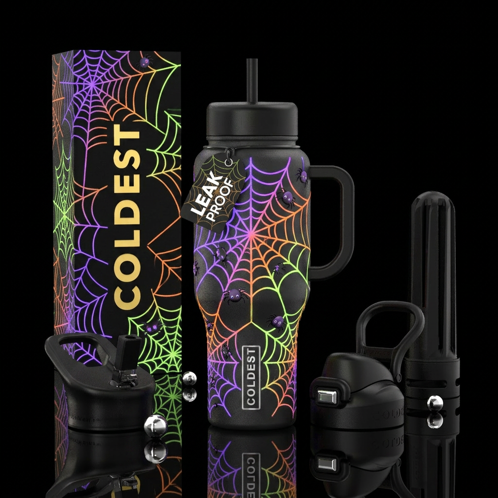 Black,  web, glowie,  Halloween,  cute spider water bottle design